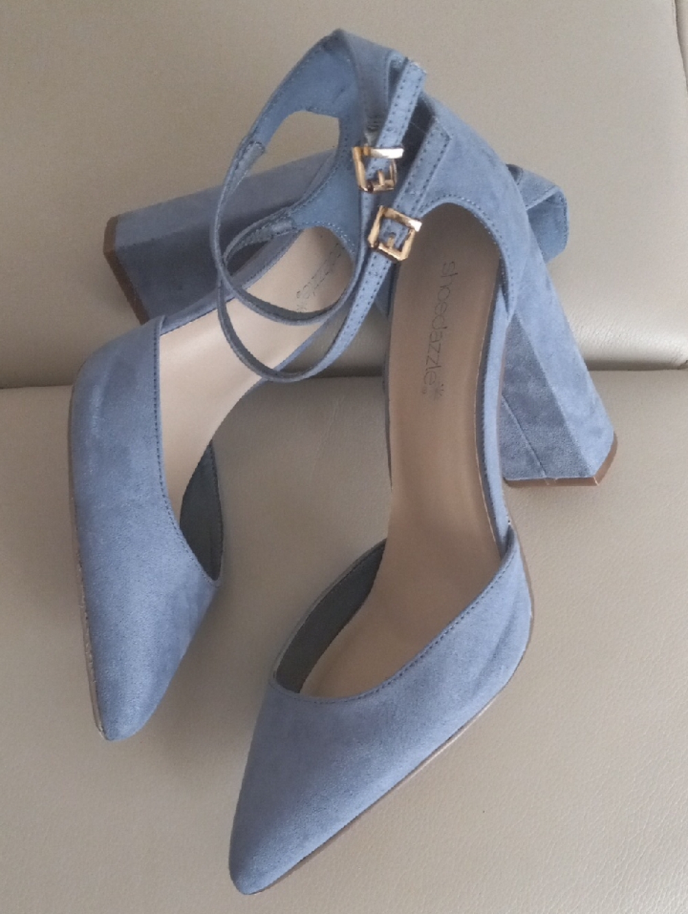 Shoe Dazzle Classic Pointed-Toe Ankle-Strap Block Heels in Slate Blue Size: 9